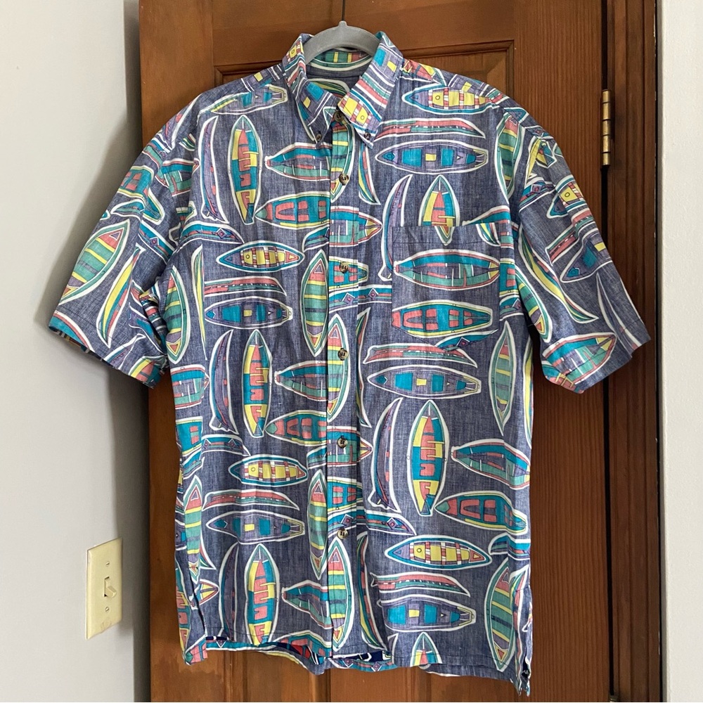 Vintage Newport Blue Shirt Mens Medium Cotton Surfboard Surfer Novelty Print